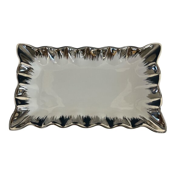 Nicole Miller Home Silver Ceramic Rectangular Ruffled Edge Serving Platter – 10 - Picture 1 of 5